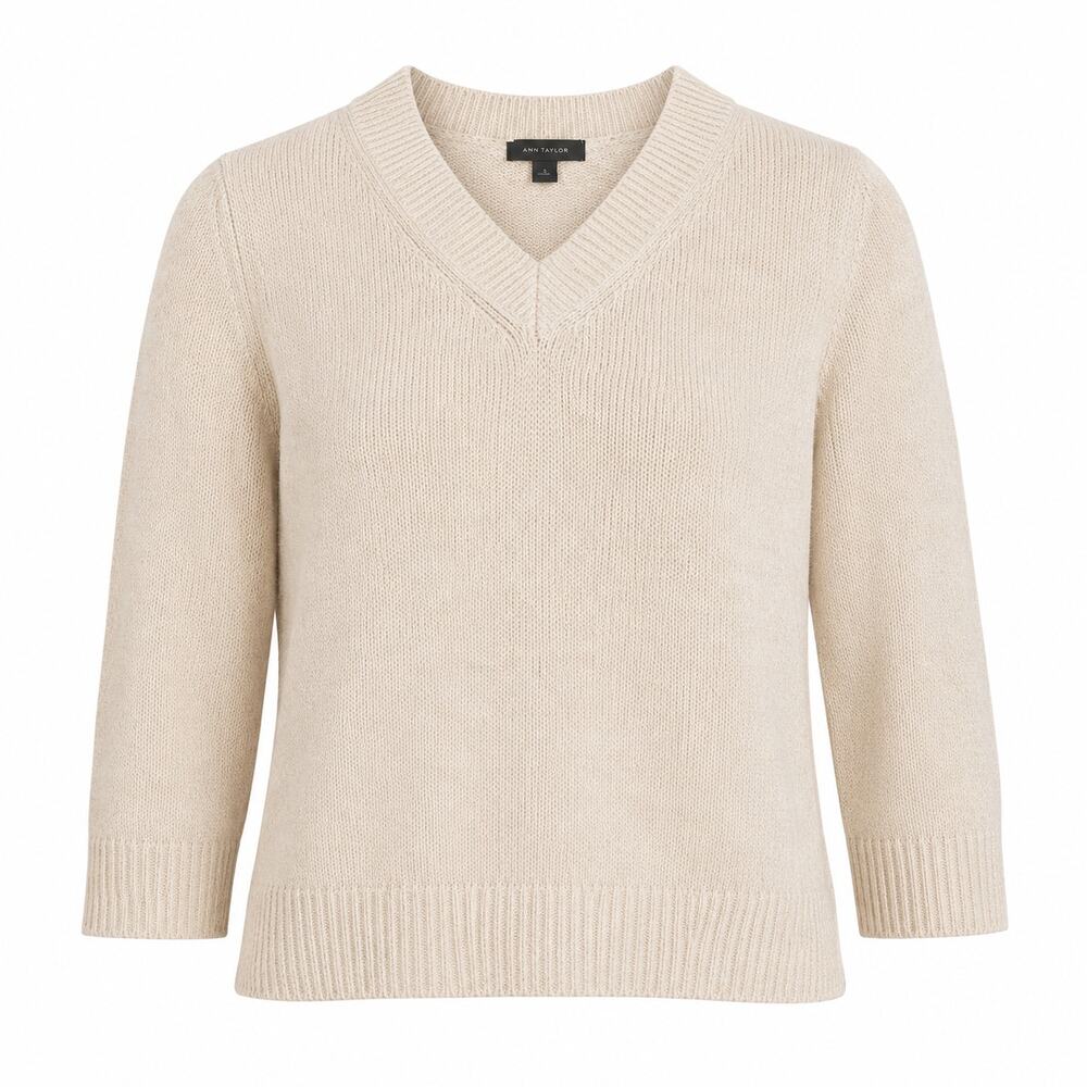 Ann Taylor Cotton Blend V Neck Sweater Large Beige Minimalist Classic Preppy